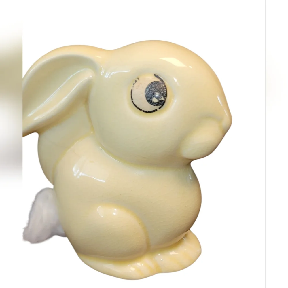 Charming Yellow Ceramic Bunny Figurine Cotton Ball Dispenser